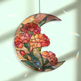 Crescent Moon Carnation Acrylic Suncatcher, Stained Glass Style Pink Orange Floral Window Hanging, Elegant Flower Home Decor Gift
