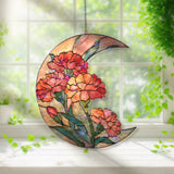 Crescent Moon Carnation Acrylic Suncatcher, Stained Glass Style Pink Orange Floral Window Hanging, Elegant Flower Home Decor Gift