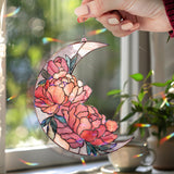 Crescent Moon Peony Acrylic Suncatcher, Stained Glass Style Floral Window Hanging, Pink Flower Home Decor Gift for Nature Lovers