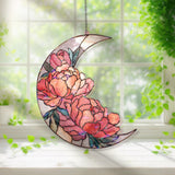 Crescent Moon Peony Acrylic Suncatcher, Stained Glass Style Floral Window Hanging, Pink Flower Home Decor Gift for Nature Lovers