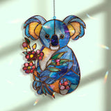Blue Koala Acrylic Suncatcher, Stained Glass Style Animal Window Hanging, Cute Wildlife Floral Decor Gift for Nature Lovers