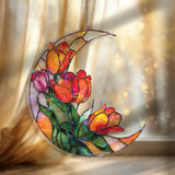 Crescent Moon Tulip Acrylic Suncatcher, Stained Glass Style Floral Window Hanging, Colorful Spring Flower Home Decor Gift