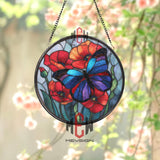 Butterfly and Poppy Stained Glass Suncatcher, Floral Window Hanging, Colorful Garden Ornament, Nature Lover Gift, Home Window Decor