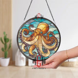 Octopus Stained Glass Suncatcher, Ocean Sea Life Window Art, Nautical Marine Ornament, Coastal Beach Gift, Underwater Home Decor