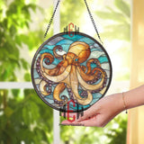 Octopus Stained Glass Suncatcher, Ocean Sea Life Window Art, Nautical Marine Ornament, Coastal Beach Gift, Underwater Home Decor