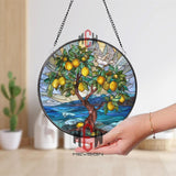 Lemon Tree Stained Glass Suncatcher, Ocean Sunset Window Art, Mediterranean Fruit Ornament, Nature Lover Gift, Bright Home Decor