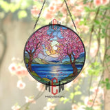 Cherry Blossom Stained Glass Suncatcher, Sunset Lake Window Art, Spring Nature Ornament, Floral Gift, Tranquil Home Window Decor