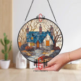 Cottage House Stained Glass Suncatcher, Cozy Home Window Art, Blue Roof Ornament, Countryside Gift, Rustic Cabin Window Decor