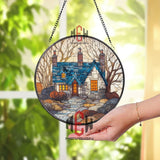 Cottage House Stained Glass Suncatcher, Cozy Home Window Art, Blue Roof Ornament, Countryside Gift, Rustic Cabin Window Decor