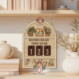 Books Read This Year Tracker - Cozy Cat and Plants Wooden Sign, Personalized Reading Counter, Cute Book Lover Gift