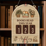 Books Read This Year Tracker - Cozy Cat and Plants Wooden Sign, Personalized Reading Counter, Cute Book Lover Gift