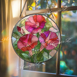Morning Glory Stained Glass Suncatcher, Round Floral Window Hanging, Pink Red Flower Art Decor, Vibrant Glass Gift for Home