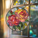 Rose Stained Glass Suncatcher, Round Floral Window Hanging, Red Orange Flower Art Decor, Vibrant Glass Gift for Home