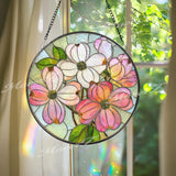 Dogwood Flower Stained Glass Suncatcher, Round Floral Window Hanging, Pink White Bloom Art Decor, Elegant Glass Gift for Home