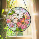 Dogwood Flower Stained Glass Suncatcher, Round Floral Window Hanging, Pink White Bloom Art Decor, Elegant Glass Gift for Home