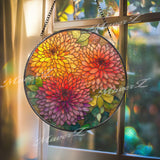 Chrysanthemum Stained Glass Suncatcher, Round Floral Window Hanging, Orange Yellow Bloom Art Decor, Vibrant Glass Gift for Home