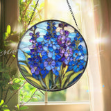 Delphinium Stained Glass Suncatcher, Round Blue Floral Window Hanging, Elegant Flower Art Decor, Vibrant Glass Gift for Home
