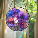 Anemone Flower Stained Glass Suncatcher, Round Blue Purple Floral Window Hanging, Vibrant Glass Art Decor, Handmade Gift for Home