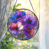Anemone Flower Stained Glass Suncatcher, Round Blue Purple Floral Window Hanging, Vibrant Glass Art Decor, Handmade Gift for Home