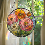 Poppy Flower Stained Glass Suncatcher, Round Orange Pink Floral Window Hanging, Vibrant Glass Art Decor, Handmade Gift for Home
