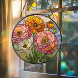 Poppy Flower Stained Glass Suncatcher, Round Orange Pink Floral Window Hanging, Vibrant Glass Art Decor, Handmade Gift for Home