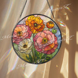 Poppy Flower Stained Glass Suncatcher, Round Orange Pink Floral Window Hanging, Vibrant Glass Art Decor, Handmade Gift for Home