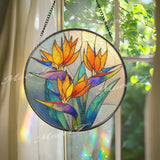 Bird of Paradise Stained Glass Suncatcher, Round Tropical Floral Window Hanging, Vibrant Orange Blue Art Decor, Handmade Gift