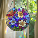 Columbine Flower Stained Glass Suncatcher, Round Blue Red Floral Window Hanging, Vibrant Wildflower Art Decor, Handmade Gift