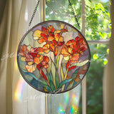 Gladiolus Stained Glass Suncatcher, Round Orange Red Floral Window Hanging, Vibrant Garden Flower Art Decor, Handmade Glass Gift