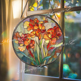 Gladiolus Stained Glass Suncatcher, Round Orange Red Floral Window Hanging, Vibrant Garden Flower Art Decor, Handmade Glass Gift