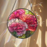 Carnation Stained Glass Suncatcher, Round Pink Red Floral Window Hanging, Vibrant Bloom Art Decor, Handmade Glass Gift for Home