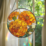 Marigold Stained Glass Suncatcher, Round Yellow Orange Floral Window Hanging, Bright Bloom Art Decor, Handmade Glass Gift