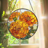 Marigold Stained Glass Suncatcher, Round Yellow Orange Floral Window Hanging, Bright Bloom Art Decor, Handmade Glass Gift