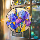 Iris Flower Stained Glass Suncatcher, Round Blue Purple Floral Window Hanging, Elegant Glass Art Decor, Handmade Gift for Home