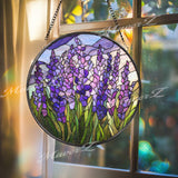 Lavender Stained Glass Suncatcher, Round Purple Floral Window Hanging, Blooming Field Art Decor, Handmade Glass Gift for Home