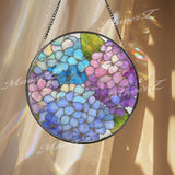 Hydrangea Stained Glass Suncatcher, Round Blue Purple Floral Window Hanging, Pastel Bloom Art Decor, Handmade Glass Gift