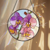 Orchid Flower Stained Glass Suncatcher, Round Pink Purple Floral Window Hanging, Elegant Glass Art Decor, Handmade Gift for Home