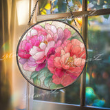 Peony Flower Stained Glass Suncatcher, Round Pink Red Floral Window Hanging, Elegant Bloom Art Decor, Handmade Glass Gift