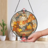 Autumn Cat Stained Glass Suncatcher, Round Fall Leaves Window Panel with Cozy Scarfed Kitty, Seasonal Feline Home Decor Gift