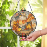 Autumn Cat Stained Glass Suncatcher, Round Fall Leaves Window Panel with Cozy Scarfed Kitty, Seasonal Feline Home Decor Gift
