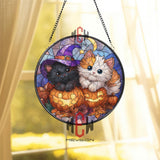 Halloween Cats Stained Glass Suncatcher, Round Pumpkin Window Panel with Witch Hat Kitty and Moon, Spooky Fall Home Decor Gift