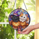 Halloween Cats Stained Glass Suncatcher, Round Pumpkin Window Panel with Witch Hat Kitty and Moon, Spooky Fall Home Decor Gift