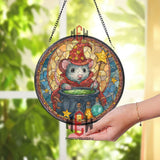 Wizard Mouse Stained Glass Suncatcher, Round Magical Potion Cauldron Window Panel with Starry Hat, Fantasy Halloween Home Decor Gift