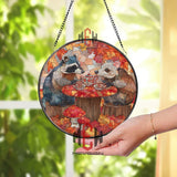 Raccoons Tea Party Stained Glass Suncatcher, Round Autumn Leaves Window Panel with Woodland Animals and Mushrooms, Cozy Fall Home Decor