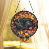 Black Cat Stained Glass Suncatcher, Round Autumn Leaves Window Panel with Sleeping Kitty, Cozy Fall Feline Home Decor Gift