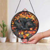 Black Cat Stained Glass Suncatcher, Round Autumn Leaves Window Panel with Sleeping Kitty, Cozy Fall Feline Home Decor Gift