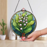 Lily of the Valley Stained Glass Suncatcher, Round White Bell Flowers Window Panel with Green Leaves, Nature Floral Home Decor Gift