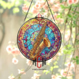 Saxophone Stained Glass Suncatcher, Round Musical Instrument Window Panel with Colorful Abstract Background, Jazz Music Home Decor Gift