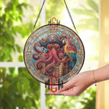 Pirate Octopus Stained Glass Suncatcher, Round Nautical Window Panel with Parrot and Treasure Chest, Ocean Fantasy Home Decor Gift