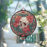 Skull and Roses Stained Glass Suncatcher, Round Gothic Window Panel with Red Flowers and Vines, Dark Romantic Home Decor Gift